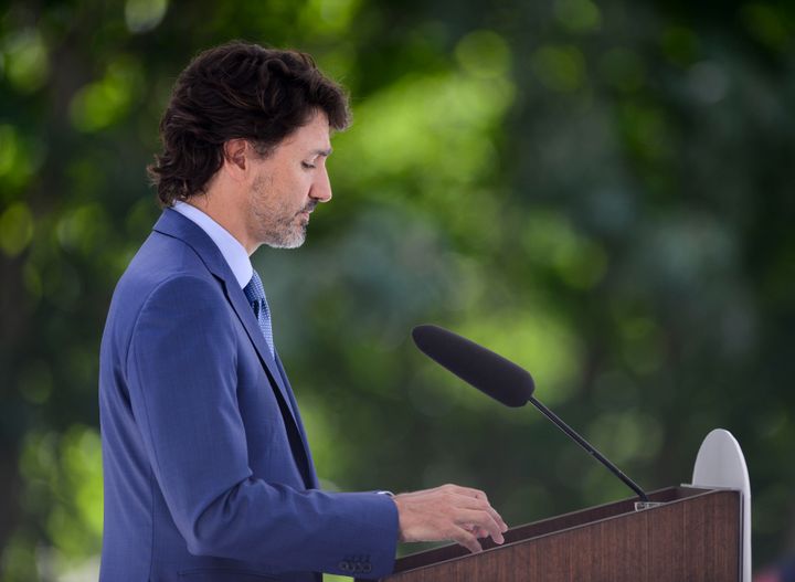 Prime Minister Justin Trudeau holds a press conference at Rideau Cottage amid the COVID-19 pandemic in Ottawa on July 13, 2020. 