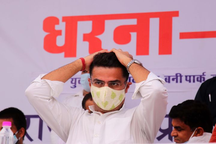 Rajasthan Congress President and Deputy Chief Minister Sachin Pilot takes part in a protest 'dharna' against hike in the prices of petrol and diesel, in Jaipur, Rajasthan, India, on June 29, 2020. (Photo by Vishal Bhatnagar/NurPhoto via Getty Images)
