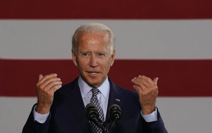 Democratic nominee for president Joe Biden gives a speech to workers after touring McGregor Industries in Dunmore, Pennsylvania, on July 9.