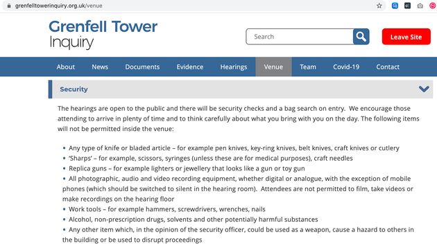 The security guidance on the Grenfell Tower Inquiry website 
