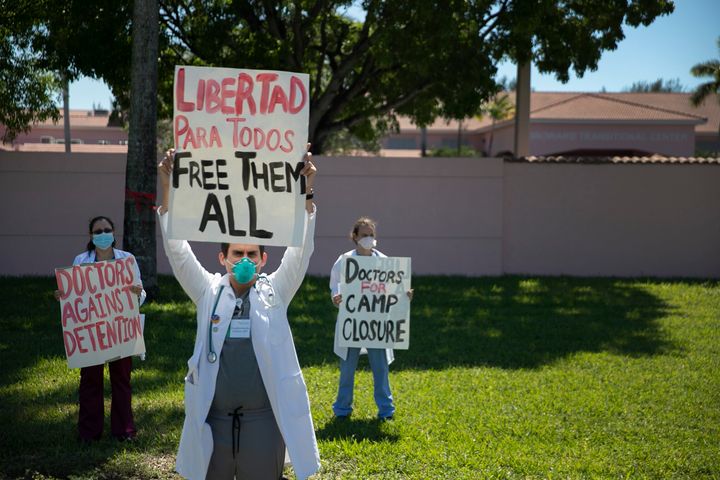 Physicians protested May 1 outside the Broward Transitional Center in Pompano Beach, Florida, to demand that Immigration and Customs Enforcement release people from the facility.