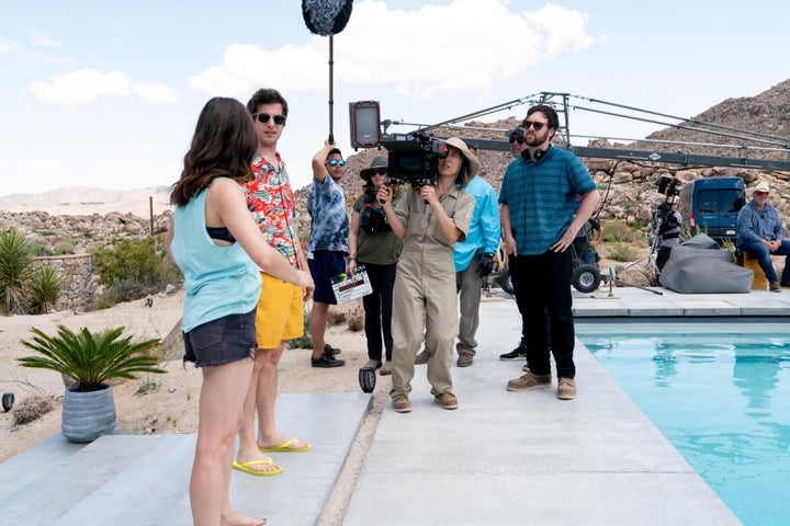 Max Barbakow and cinematographer Quyen Tran direct Samberg and Milioti on the set of "Palm Springs."