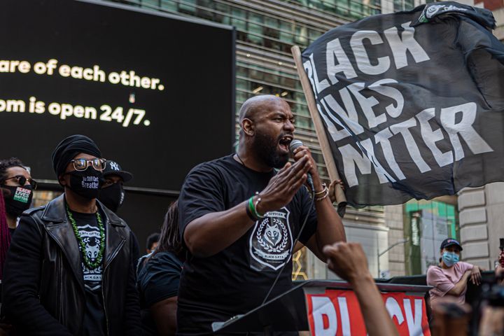 Hawk Newsome, president of Black Lives Matter of Greater New York, in Times Square for a demonstration to announce the I Can't Breathe Act.
