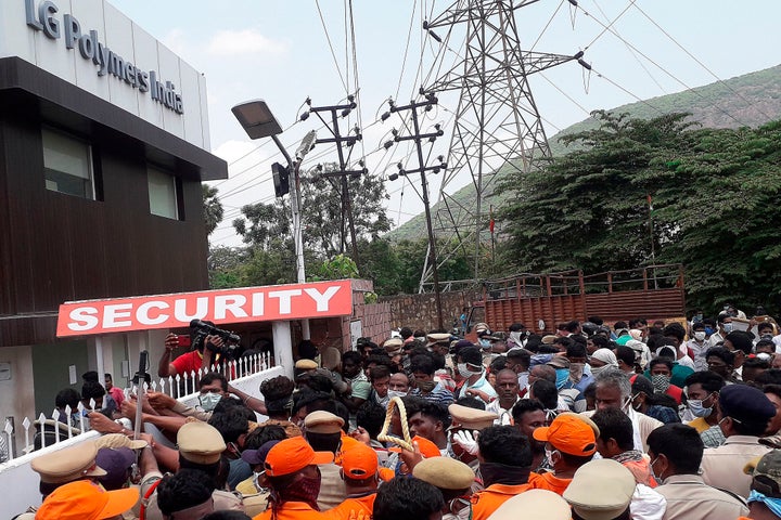 Residents protest in front of LG Polymers plant demanding justice to the gas leak victims, in Visakhapatnam, in Andhra Pradesh on May 9, 2020.