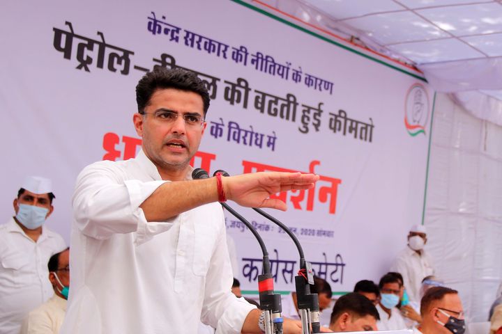 Rajasthan Congress President and Deputy Chief Minister Sachin Pilot addresses as he takes part in a protest 'dharna' against hike in the prices of petrol and diesel, in Jaipur, Rajasthan, India, on June 29, 2020. 