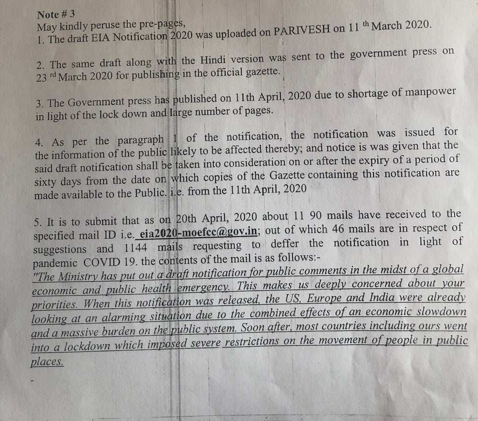 First page of the environment ministry's internal note explaining the beginning of the public consultation process for the draft EIA notification 2020. It doesn't mention LetIndiaBreathe campaign by name but uses the exact text of the campaign's email.