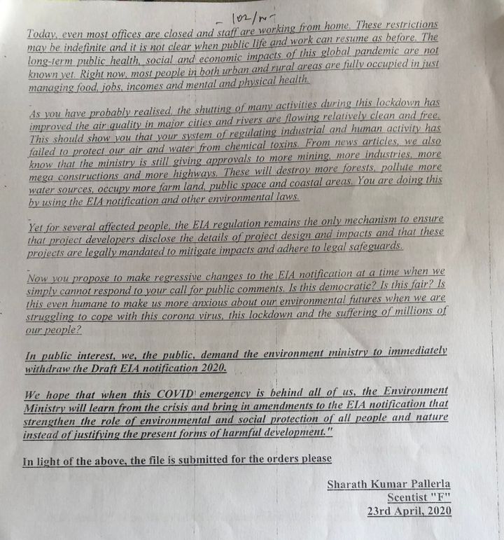 Full text of the LetIndiaBreathe campaign email is quoted by environment ministry official Sharath Kumar Pallerla in his internal note dated 23 April 2020 but without mentioning the campaign's name. Second page of the internal note accessed under the Right to Information.