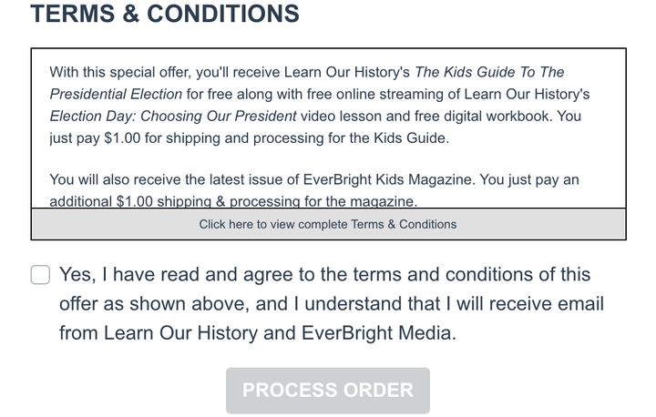 The terms and conditions of Learn Our History's $1 deal are cut off from view before mentioning the additional charges.