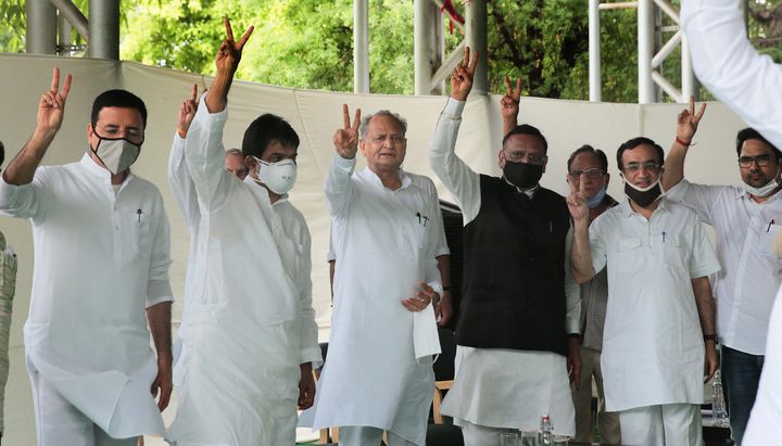 Chief Minister Ashok Gehlot (C) seen with senior Congress leaders Randeep Surjewala, KC Venugopal, Ajay Maken and others during a meeting of the party's MLAs at the CM residence on July 13, 2020 in Jaipur.