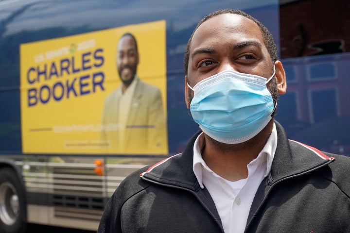 Booker arrives at a campaign stop on the day of the primary election in Louisville on June 23.