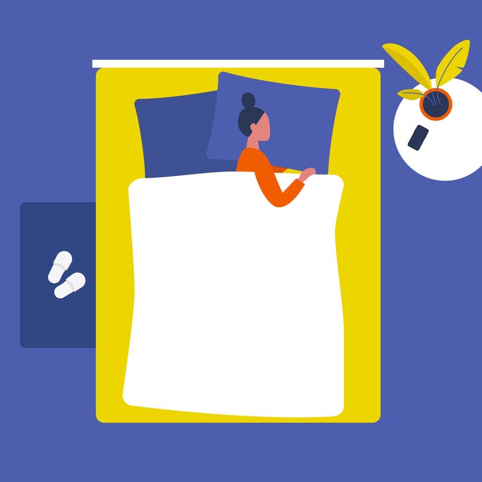 Young female character sleeping in a double bed. Top view. Interior design. Flat editable vector illustration, clip art