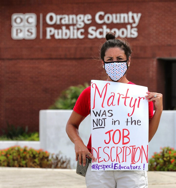 Orange County Public School teachers on July 7 protested the decision by Gov. DeSantis and the state education commissioner to mandate that all public schools open in August despite the spike in coronavirus cases in Florida.