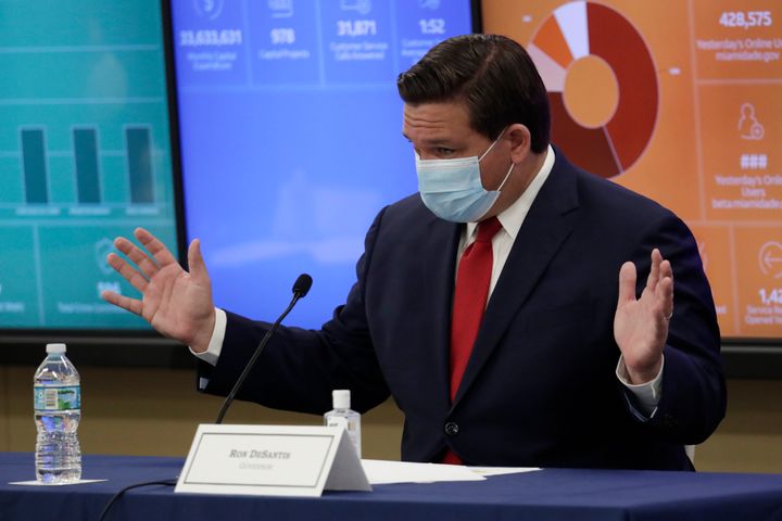 Florida Gov. Ron DeSantis speaks during a roundtable discussion with Miami-Dade County mayors during the coronavirus pandemic on July 14 in Miami.