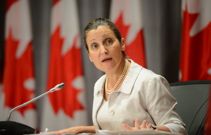 Deputy Prime Minister Chrystia Freeland holds a press conference on Parliament Hill in Ottawa on July 16, 2020.