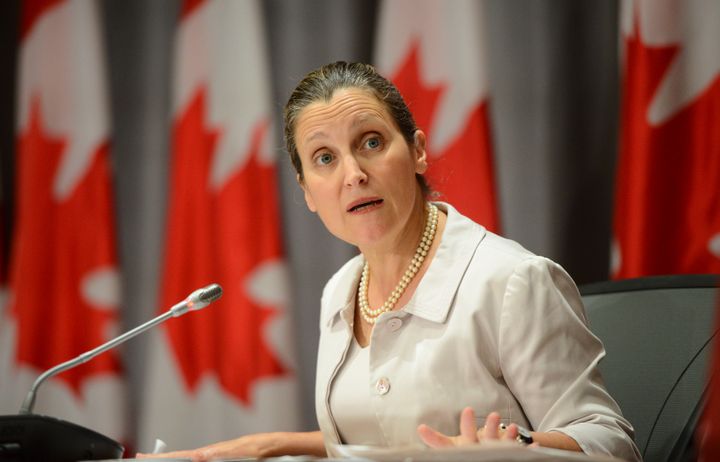 Deputy Prime Minister Chrystia Freeland holds a press conference on Parliament Hill in Ottawa on July 16, 2020.