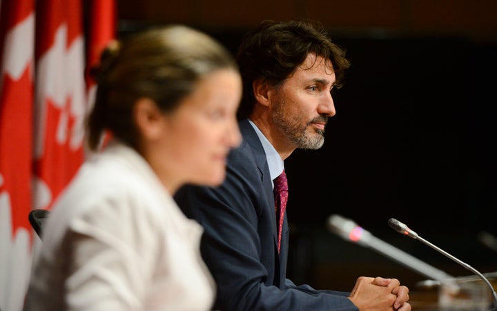 Prime Minister Justin Trudeau and Deputy Prime Minister Chrystia Freeland hold a press conference on Parliament Hill in Ottawa on July 16, 2020.