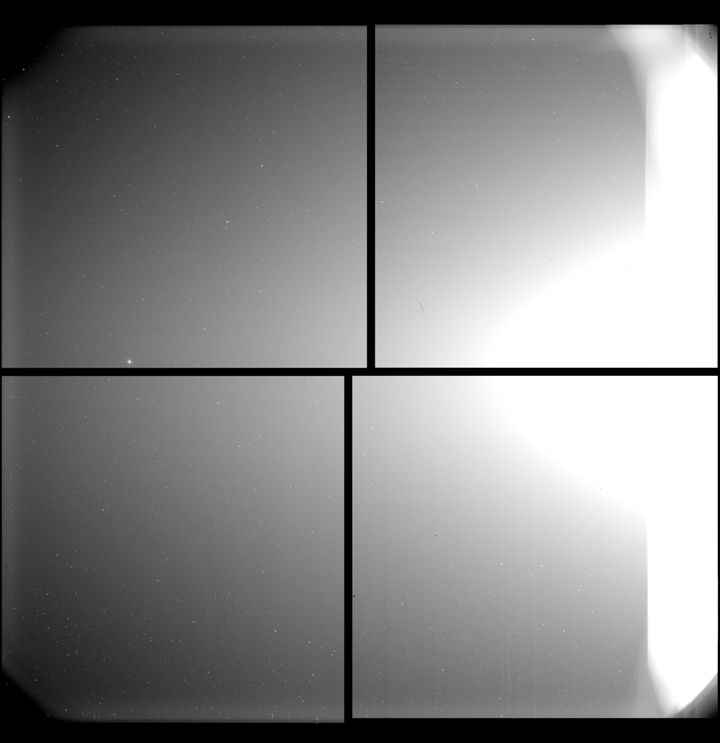 Zodiacal light (on the right, moving towards the center of the image) as captured by the Solar Orbiter's solar and heliospheric imager. Mercury is the bright dot on the left.