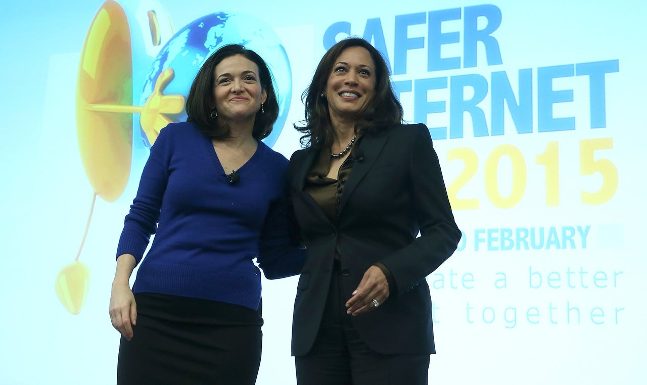 Kamala Harris on stage at Facebook HQ with Sheryl Sandberg on Feb. 10, 2015.