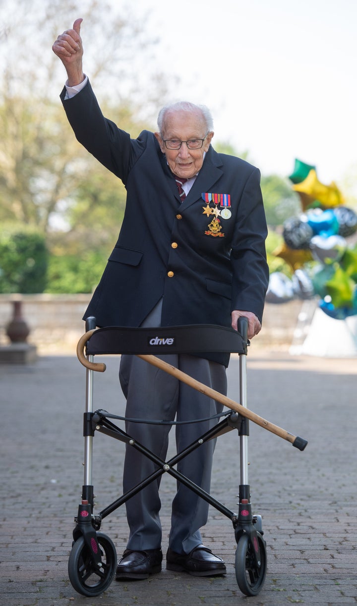 Captain Tom Moore at his home in Marston Moretaine, Bedfordshire, after he achieved his goal of 100 laps of his garden - raising more than 12 million pounds for the NHS.