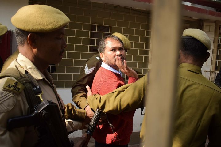 Anti-corruption and RTI activist Akhil Gogoi being produced at an NIA court in Guwahati in January 2020.