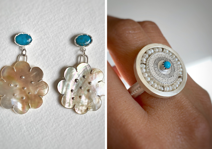 Left to right: Castle Dome and Flower Earrings with black mother of pearl, $420; Etched mother-of-pearl ring in sterling silver with turquoise and seed pearls centerpiece, $625