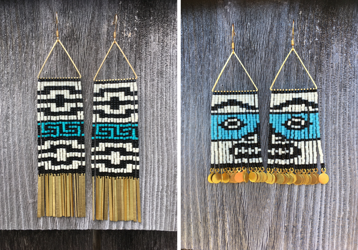 Left to right: Tail of the Raven With Cresting Waves Earrings, $165; Naaxiin (Chilkat) Face Earrings, $185