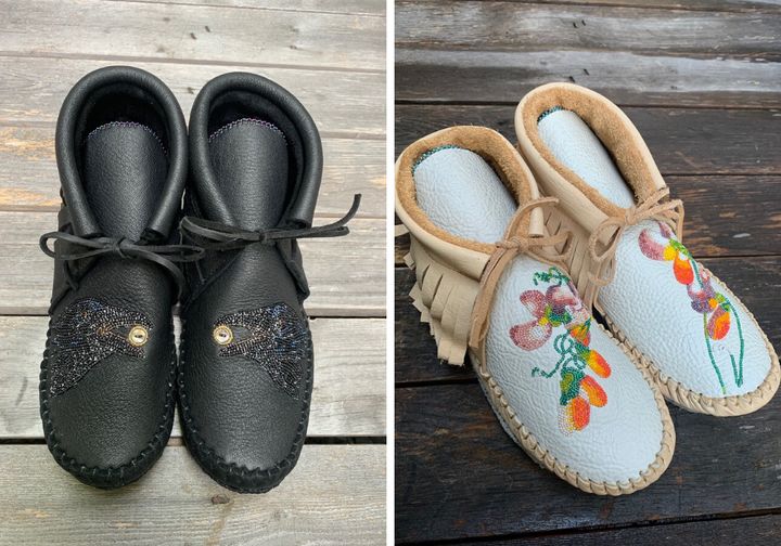 Left to right: Raven Steals the Sun moccasins; Sweetpeas moccasins