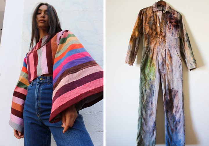 Left to right: Oaxacan Rainbow Top, $175; Upcycled Vintage Fly Suit, $350