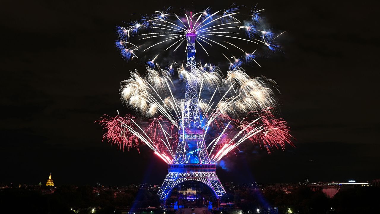 Fireworks explode above the Eiffel Tower as part of the annual Bastille Day celebrations in Paris on July 14, 2020.