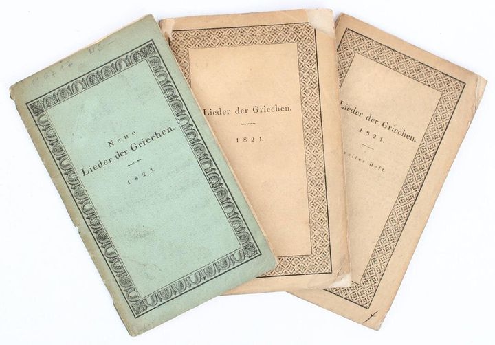 Τα έργα Lieder der Griechen και Neue Lieder der Griechen του Wilhelm Müller. Πρώτη έκδοση 1821, 1823 (Συλλογή ΕΕΦ)