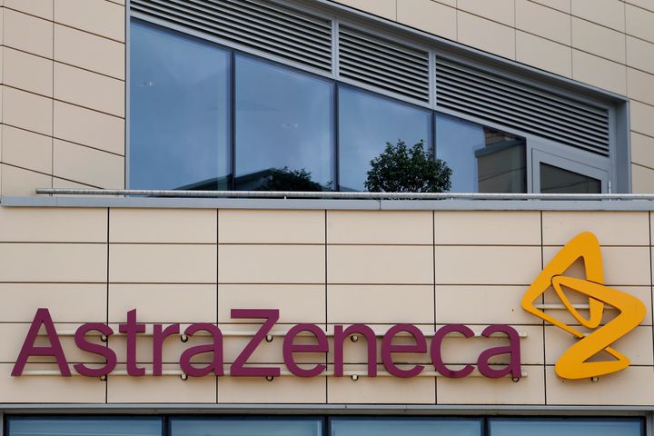 A general view of AstraZeneca offices and the corporate logo in Cambridge, England, Saturday, July 18, 2020. 