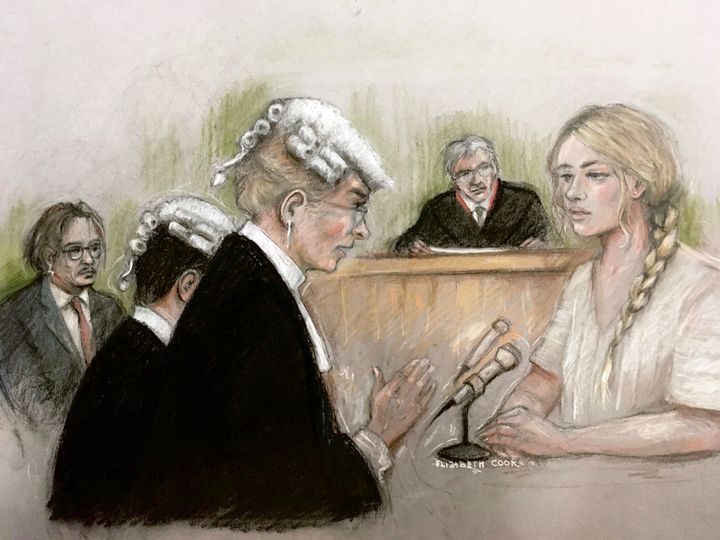 A court sketch of Amber Heard facing questioning