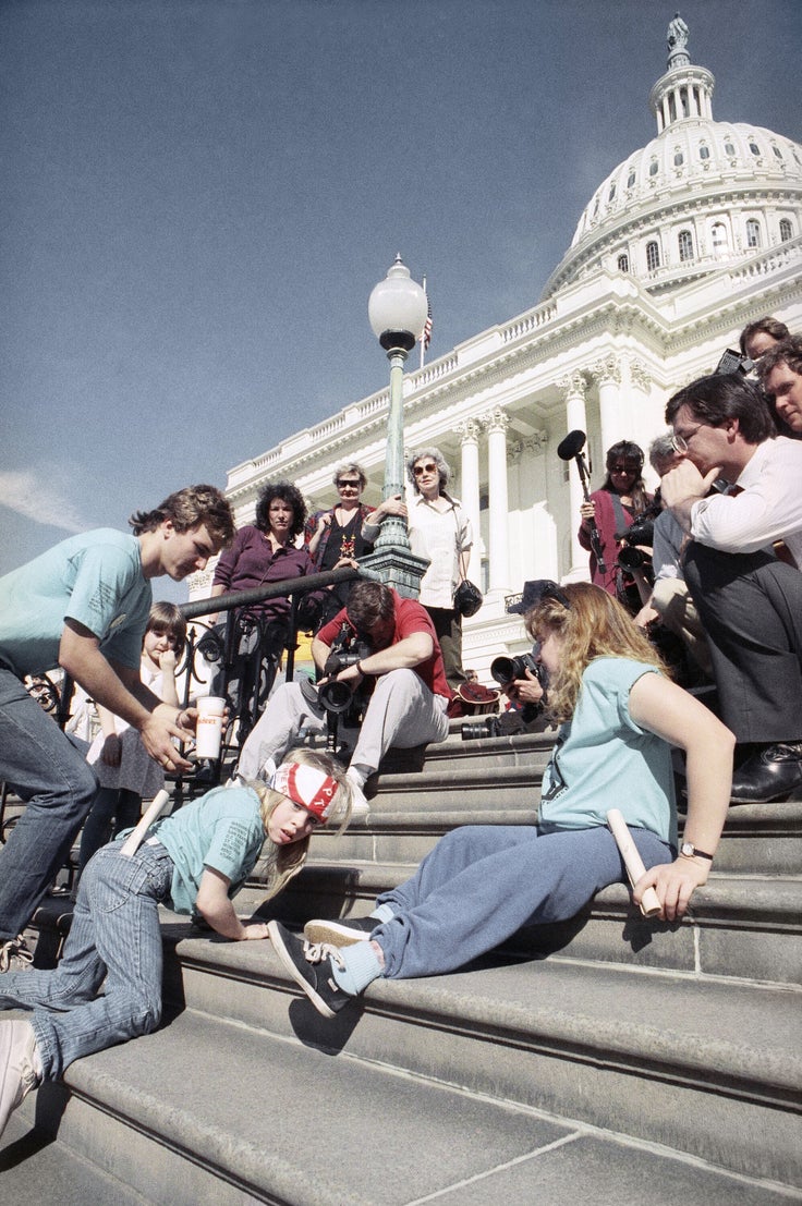 A photo of the “Capitol Crawl” on March 12, 1990. While fighting for passage of the Americans with Disabilities Act, protesters got out of their wheelchairs and climbed the 78 marble steps up the Capitol's west front.