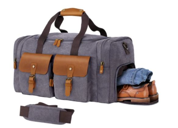 A canvas duffel with exterior pockets and a shoe compartment