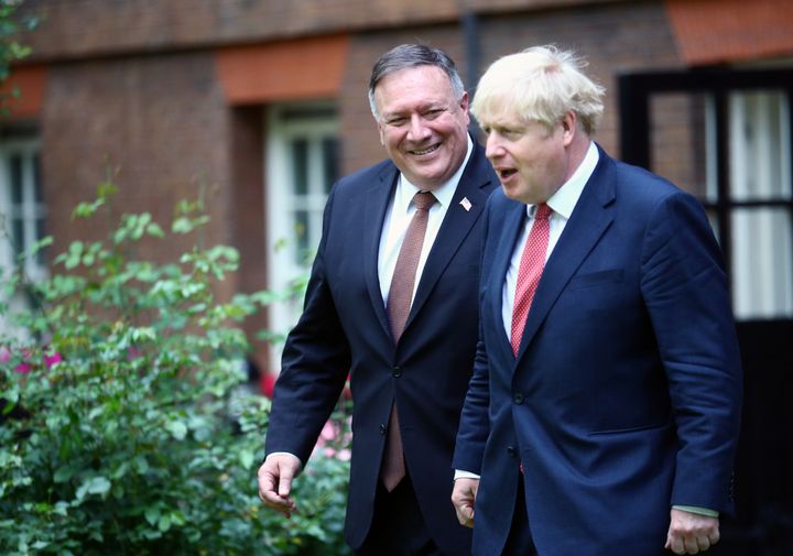 Prime minister Boris Johnson welcomes the United States secretary of state, Mike Pompeo, to Downing Street ahead of a private meeting.