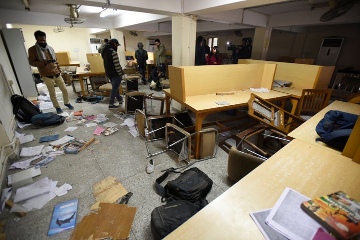 A view of the damaged Jamia Milia Islamia library after police entered the university campus Sunday evening and beat the students on December 17, 2019 in New Delhi, India. 