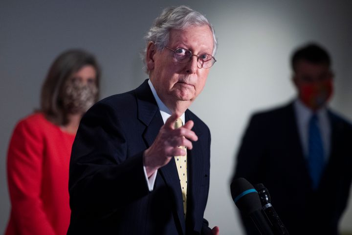 Senate Majority Leader Mitch McConnell (R-Ky.) conducts a news conference. He has said Congress should send American households more money to help them through the pandemic. 