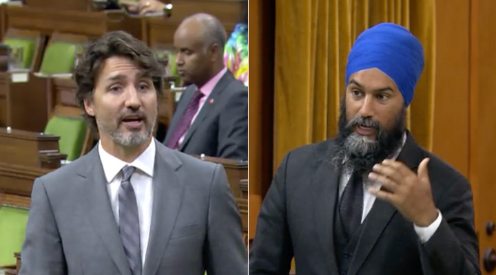 Prime Minister Justin Trudeau and NDP Leader Jagmeet Singh attend question period in the House of Commons on July 21, 2020.