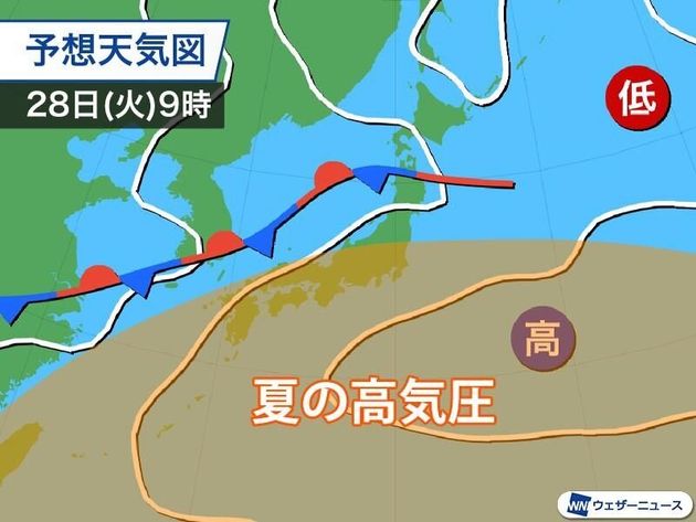 気圧配置の予想　28日(火)9時