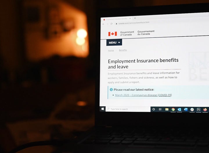 The employment insurance section of the Government of Canada website is shown on a laptop in Toronto on April 4, 2020.