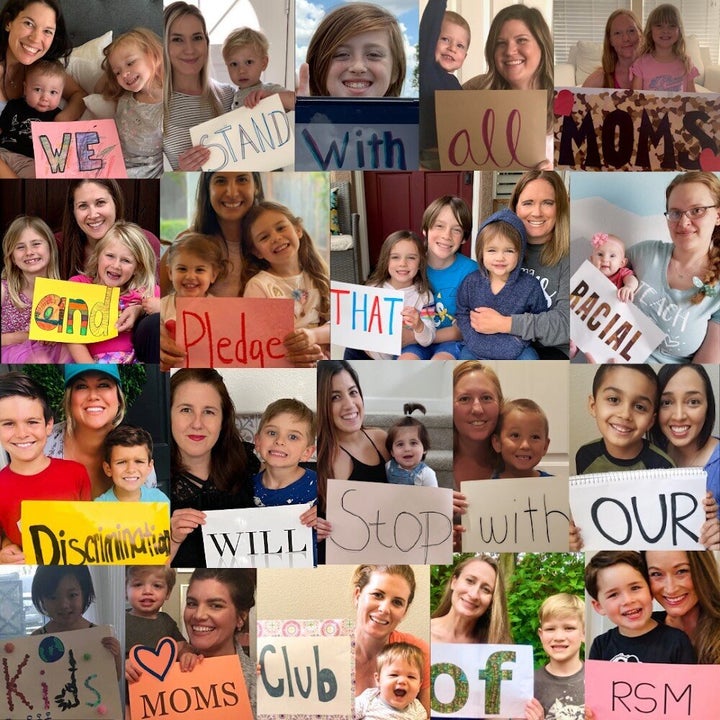 A photo collage created by the MOMS Club of Rancho Santa Margarita in Orange County, California, after the killing of George Floyd, reads: "We stand with all moms and pledge that racial discrimination will stop with our kids."