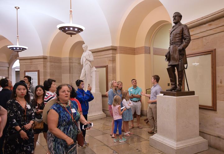 A statue of Confederate Gen. Robert E. Lee is seen in the crypt of the U.S. Capitol.