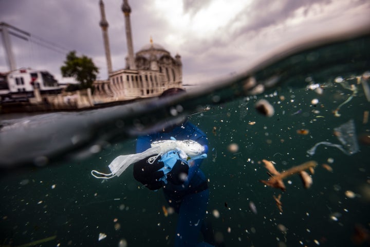 World record holder free-diver Sahika Ercumen collects plastic waste in the Bosphorus in Istanbul, Turkey, on June 27.