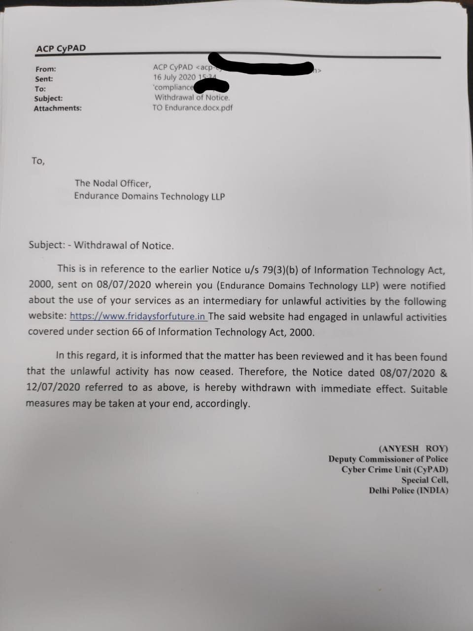 Copy of the email shared with HuffPost India by DCP Anyesh Roy mentioning that the two notices have been withdrawn on 16 July 2020. 