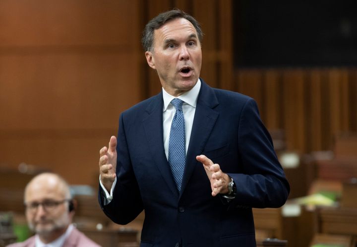 Finance Minister Bill Morneau rises during Question Period in the House of Commons in Ottawa on July 20, 2020. 