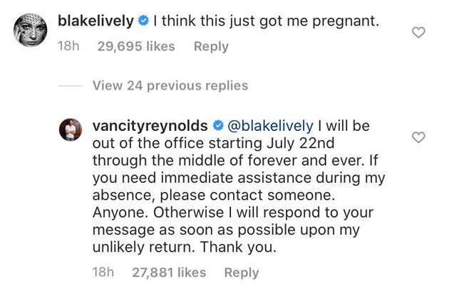 Ryan Reynolds Responds To Blake Livelys Pregnancy Joke With Out Of Office Message