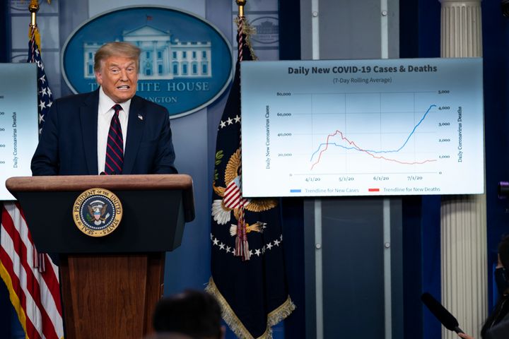 President Donald Trump speaks during a news conference at the White House in Washington on July 21.