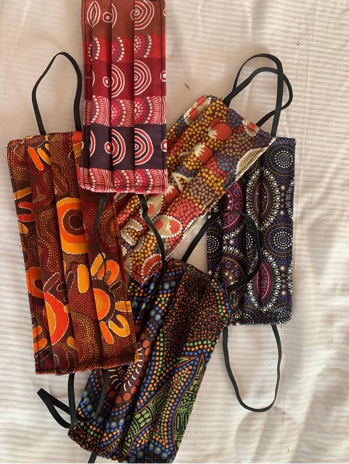 This handmade cotton line of face masks is the work of an Aboriginal women’s group from Birpi Country in Northern NSW.