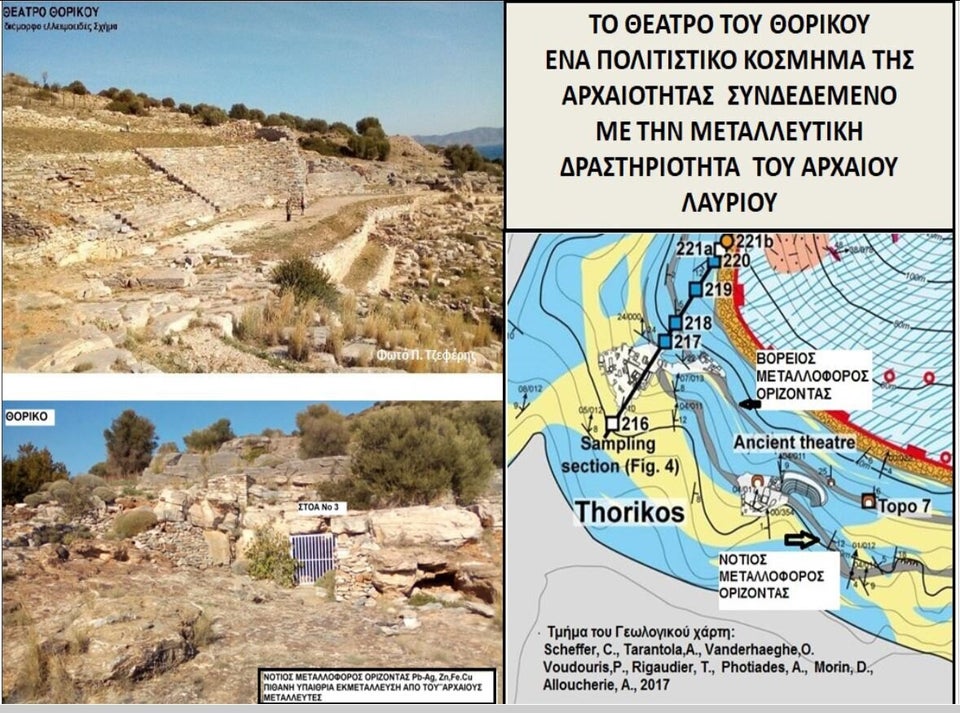Εικ.4.  Πάνω αριστερά, το αρχαίο θέατρο του Θορικού (6ος-4ος αι. π. Χ.), το οποίο θεωρείται ως το αρχαιότερο σωζόμενο σήμερα στην Ελλάδα,  με ένα  ιδιόμορφο ελλειψοειδές σχήμα, πιθανότατα για να μην παρεμποδίζεται  η  παρακείμενη μεταλλευτική δραστηριότητα.  Στην κάτω αριστερή φωτογραφία δυτικά και λίγα μέτρα από  το θέατρο  εντοπίζεται η μεταλλευτική στοά Νο 3.  Μπροστά από την στοά αυτή εντοπίζεται επιφανειακά η οξειδωμένη μεταλλοφορία του “Νότιου μεταλλοφόρου ορίζοντα” την οποία φαίνεται να εκμεταλλεύτηκαν οι αρχαίοι μεταλλευτές αρχικά με την μέθοδο της υπαίθριας εξόρυξης. Δεξιά,  τμήμα γεωλογικού χάρτη όπου αποτυπώνονται οι δύο μεταλλοφόροι ορίζοντες μεταξύ των οποίων χωροθετείται το θέατρο Θορικού. 