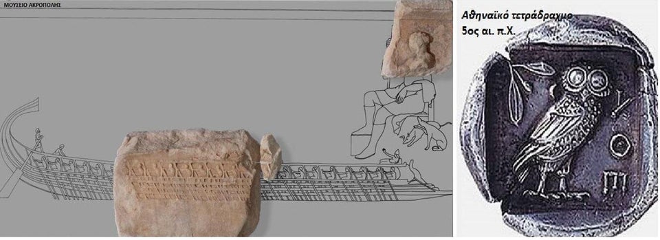Εικ. 5-6. Αριστερά: Μια “εν πλω” αρχαία Αθηναϊκή τριήρη σε   μαρμάρινο  ανάγλυφο (410 – 400 π.Χ.) που βρέθηκε στον Ιερό Βράχο τo 1852 από τον αρχαιολόγο F. Lenormant, μουσείο της Ακρόπολης. Δεξιά: Αθηναϊκό τετράδραχμο από τον άργυρο που εξορύσσονταν από το Λαύριο5ος αι. π.Χ. 